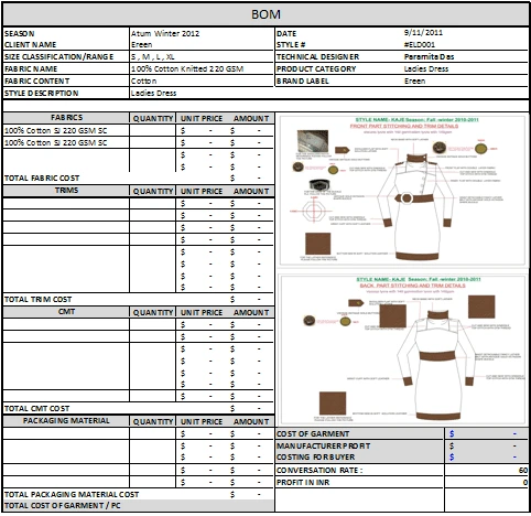 Bill of Materials (BOM) tech pack