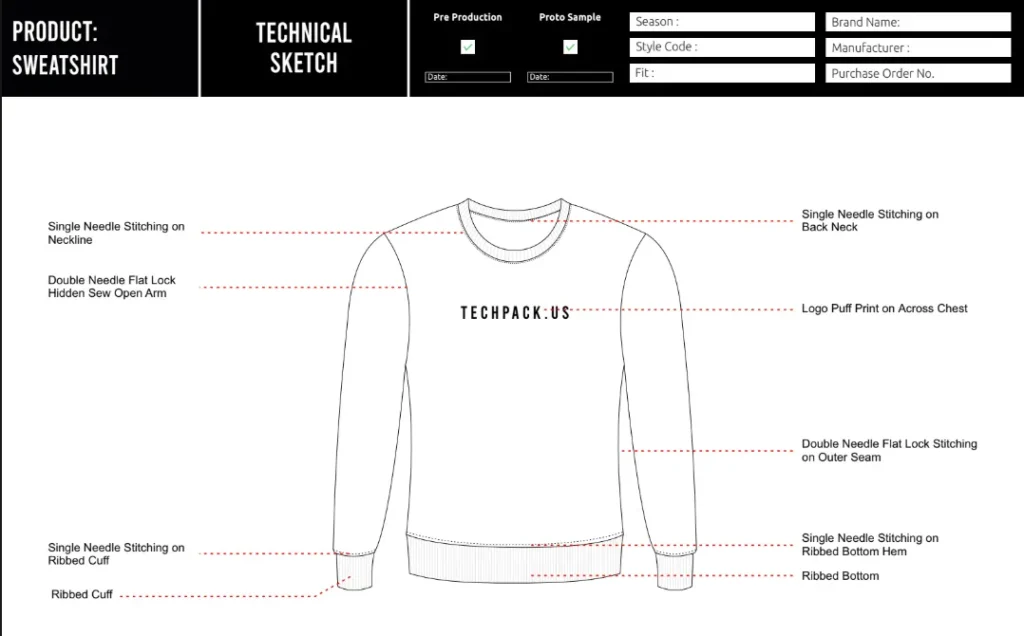 Technical Drawings for Sweatshirt Techpack